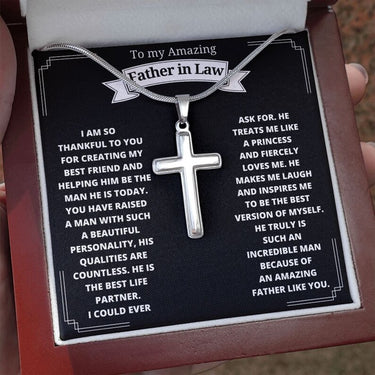 Personalized Gift For Father In Law - Cross Pendant Necklace - To My Father-in-law as Thank You to The One Who Cares For and Raises My Life Partner