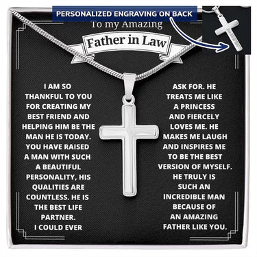 Personalized Gift For Father In Law - Cross Pendant Necklace - To My Father-in-law as Thank You to The One Who Cares For and Raises My Life Partner