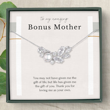 Leaf necklace with pearls, Gift for Mom, To My Amazing Bonus Mother